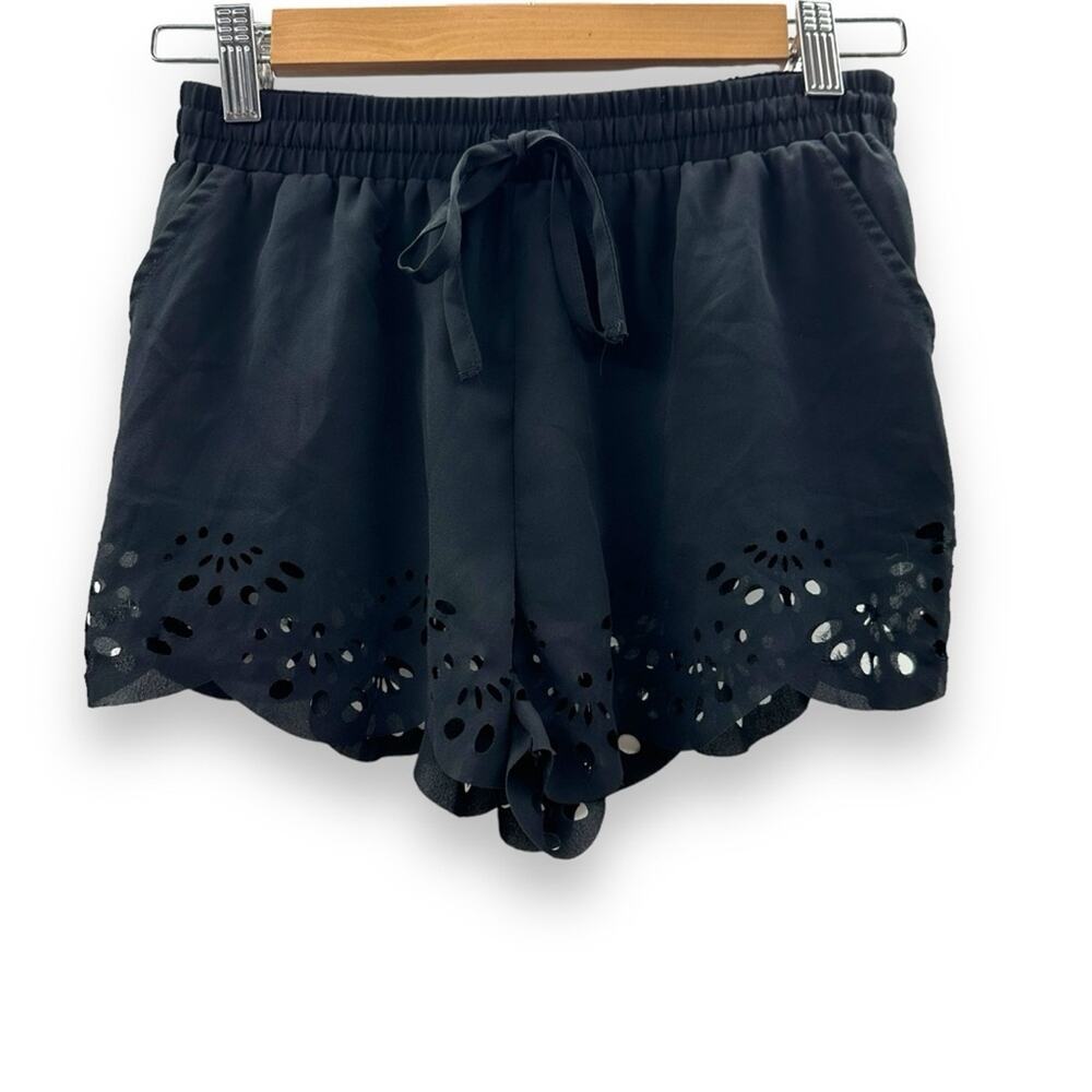 Brandy Melville Black Floral Laser Cut Eyelet High Rise Drawstring Shorts OS